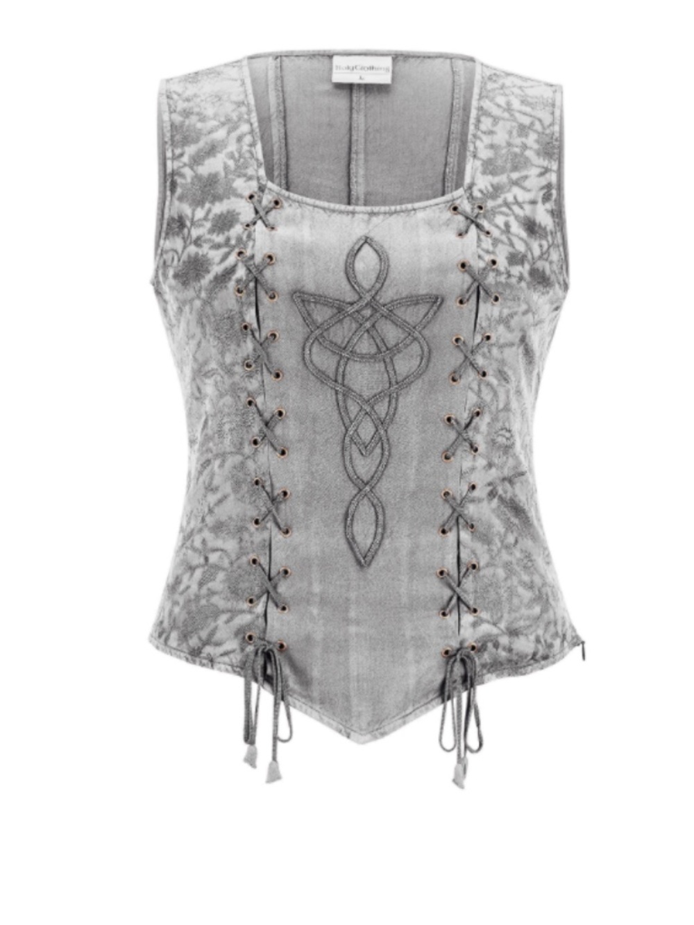 Gray Lace-Up Sleeveless Embroidered Vest Top